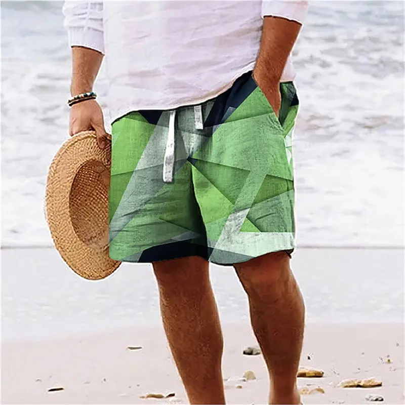 3D Print Geometric Graphic Beach Shorts Men Personality Casual Colorful Plaid Print Sportswear Quick Drying Swim Trunks Hawaii