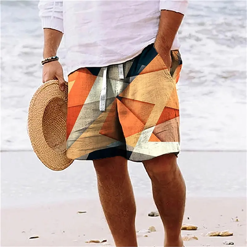 3D Print Geometric Graphic Beach Shorts Men Personality Casual Colorful Plaid Print Sportswear Quick Drying Swim Trunks Hawaii