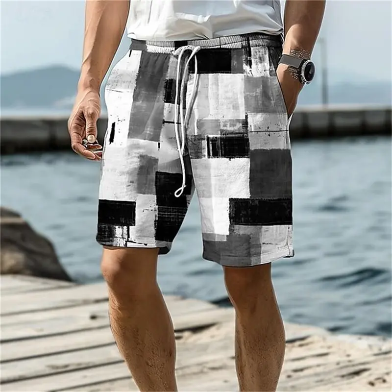 3D Print Geometric Graphic Beach Shorts Men Personality Casual Colorful Plaid Print Sportswear Quick Drying Swim Trunks Hawaii