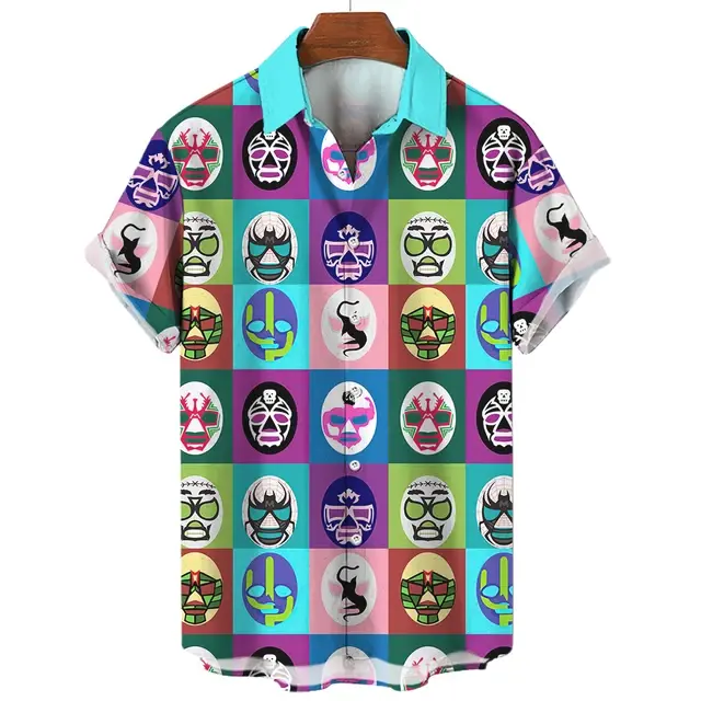 Vintage Men's Shirt 3d Mexican Wrestling Printed Shirts Short Sleeve Casual Cardigan Clothing For Male Summer Tops Lapel Blouse