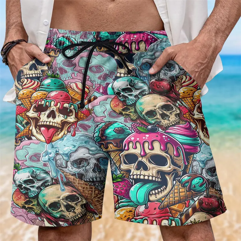 Funny Ice Cream Skull 3D Graphic Designer Shorts Men Woman Breathable Quick Dry Swimwear Pants Vacation Hawaii Beach Ice Trunks