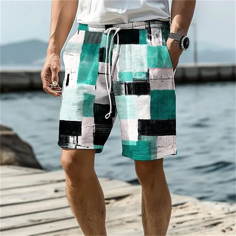 3D Print Geometric Graphic Beach Shorts Men Personality Casual Colorful Plaid Print Sportswear Quick Drying Swim Trunks Hawaii