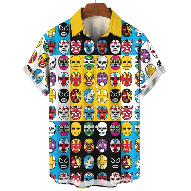 Vintage Men's Shirt 3d Mexican Wrestling Printed Shirts Short Sleeve Casual Cardigan Clothing For Male Summer Tops Lapel Blouse