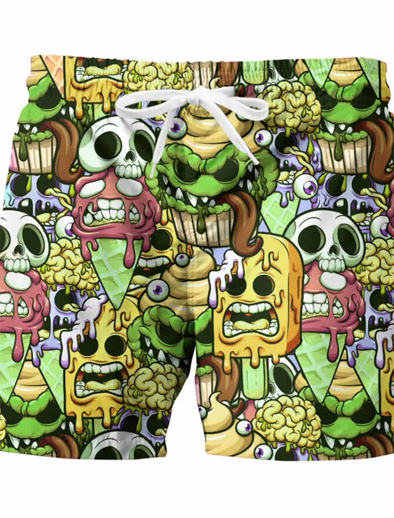 Funny Ice Cream Skull 3D Graphic Designer Shorts Men Woman Breathable Quick Dry Swimwear Pants Vacation Hawaii Beach Ice Trunks