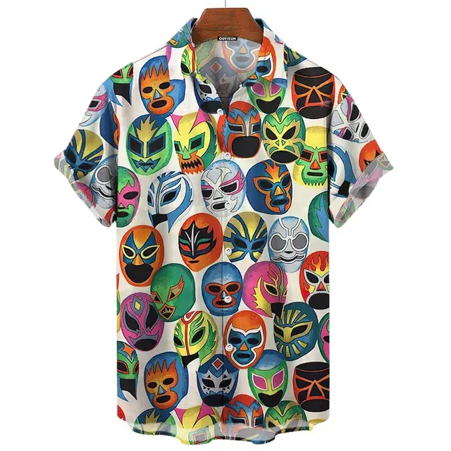 Vintage Men's Shirt 3d Mexican Wrestling Printed Shirts Short Sleeve Casual Cardigan Clothing For Male Summer Tops Lapel Blouse