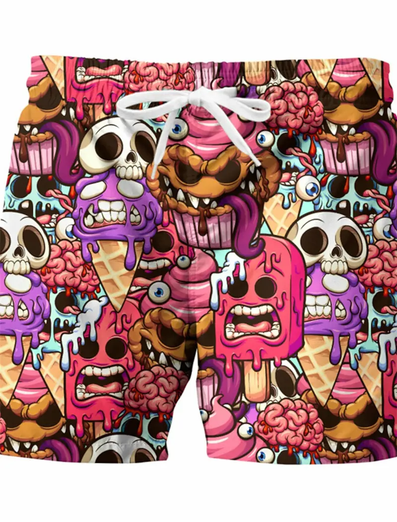 Funny Ice Cream Skull 3D Graphic Designer Shorts Men Woman Breathable Quick Dry Swimwear Pants Vacation Hawaii Beach Ice Trunks