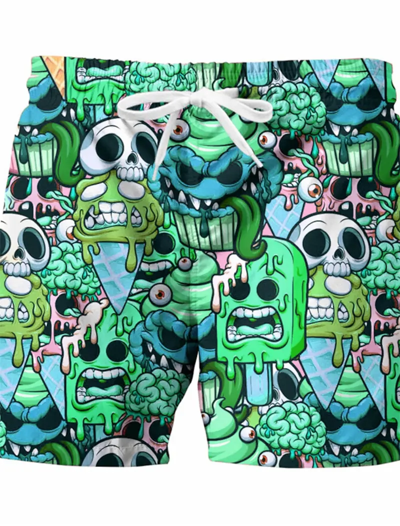 Funny Ice Cream Skull 3D Graphic Designer Shorts Men Woman Breathable Quick Dry Swimwear Pants Vacation Hawaii Beach Ice Trunks