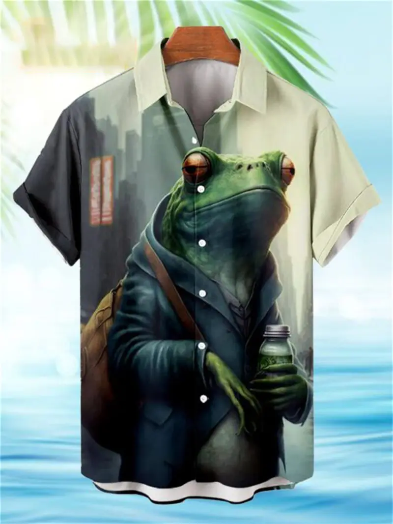 Men's Retro Frog Pattern 3D Print Short-sleeved Shirt Male Fashion Casual Hawaiian Beach Shirt Tops Funny Mens Designer Clothes