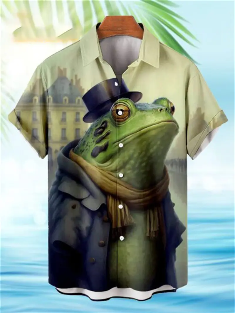 Men's Retro Frog Pattern 3D Print Short-sleeved Shirt Male Fashion Casual Hawaiian Beach Shirt Tops Funny Mens Designer Clothes