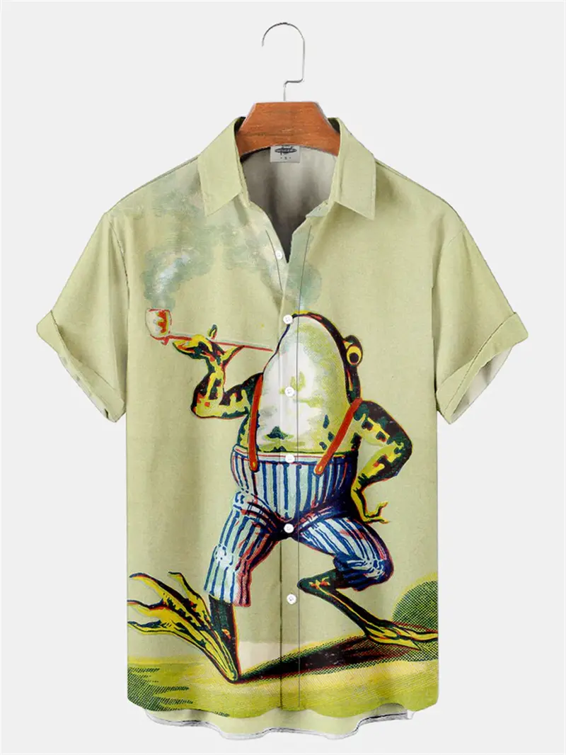 Men's Retro Frog Pattern 3D Print Short-sleeved Shirt Male Fashion Casual Hawaiian Beach Shirt Tops Funny Mens Designer Clothes