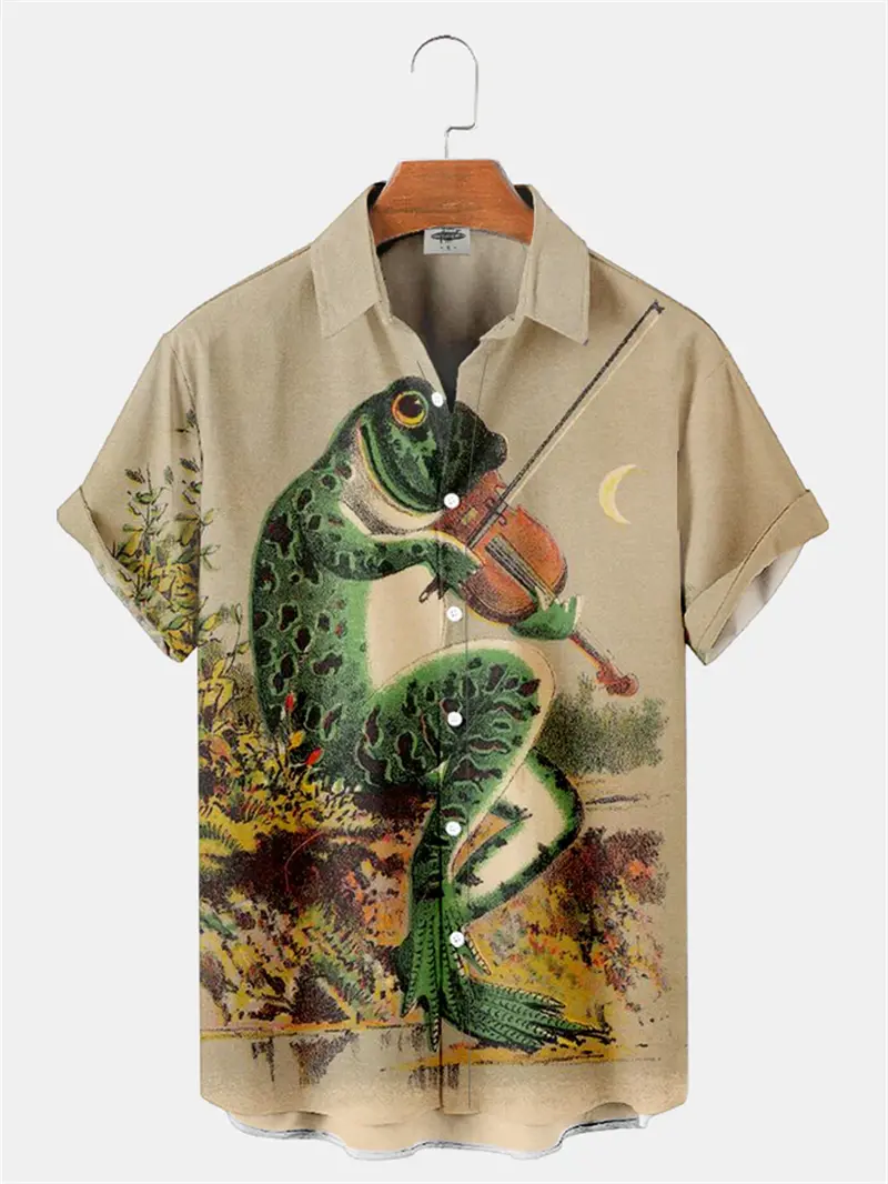 Men's Retro Frog Pattern 3D Print Short-sleeved Shirt Male Fashion Casual Hawaiian Beach Shirt Tops Funny Mens Designer Clothes