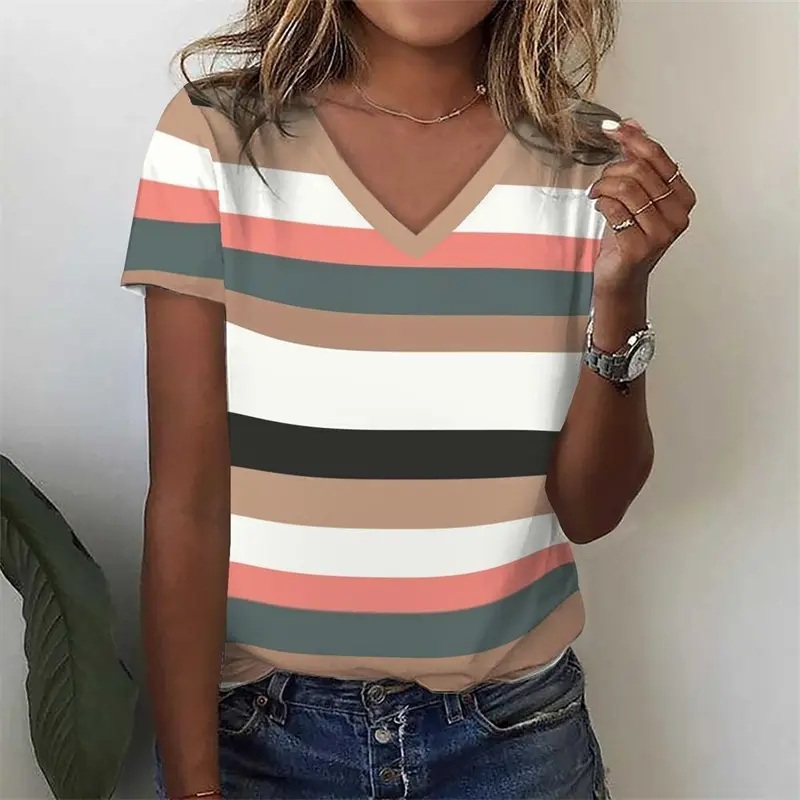 Stripe Graphic T Shirt Women Summer V-Neck Short Sleeve Tops Holiday Casual Tees Y2k Woman Streetwear Harajuku Oversized T-shirt
