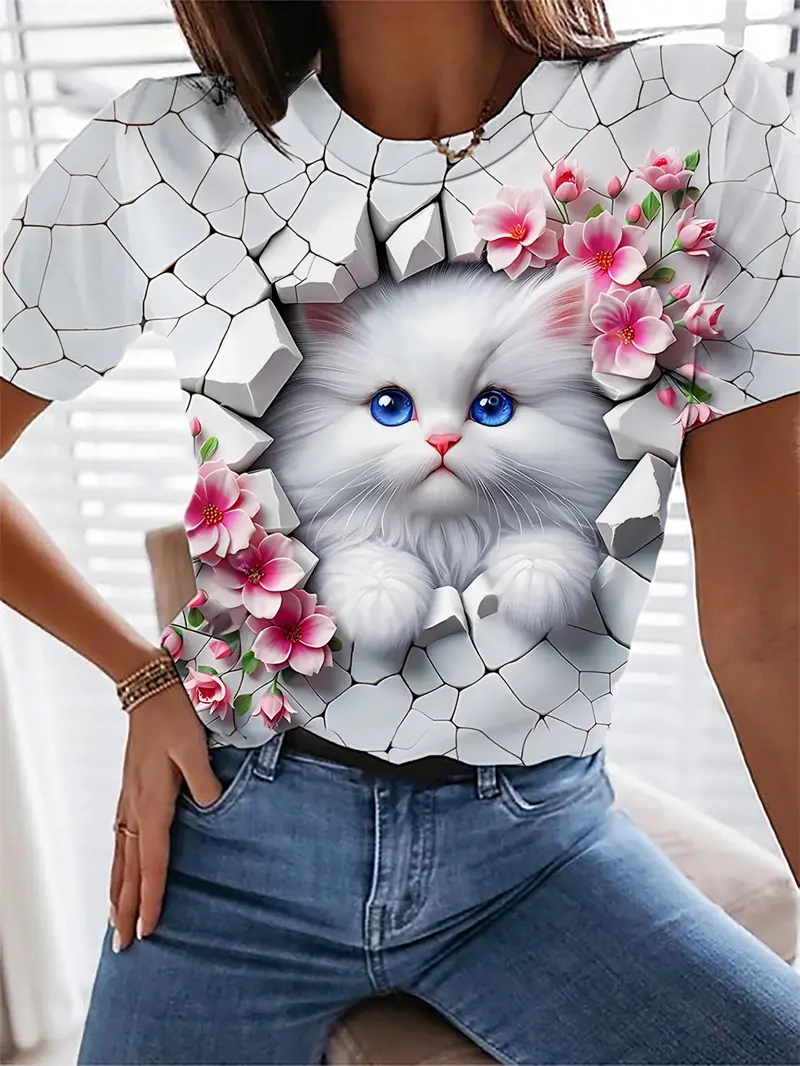 3D Print Kawaii Cat Tshirt Female Floral Graphic Casual Short Sleeve Tees Tops Girls O-Neck Y2K T Shirt Pretty Women's Clothing