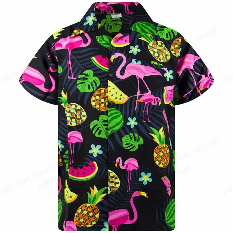 Flamingo 3D Print Beach Shirts Men's Fashionable Shirt Summer Button Lapel Tops Street Casual Harajuku Holiday Hawaiian Blouse