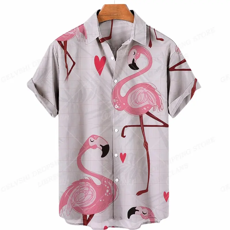 Flamingo 3D Print Beach Shirts Men's Fashionable Shirt Summer Button Lapel Tops Street Casual Harajuku Holiday Hawaiian Blouse