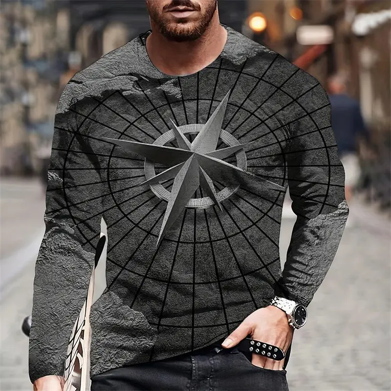 Vintage Men's Long Sleeve T Shirt 3D Print Cross Compass Pattern Clothing Nautical Map Print Street Harajuku Oversized Tee Top