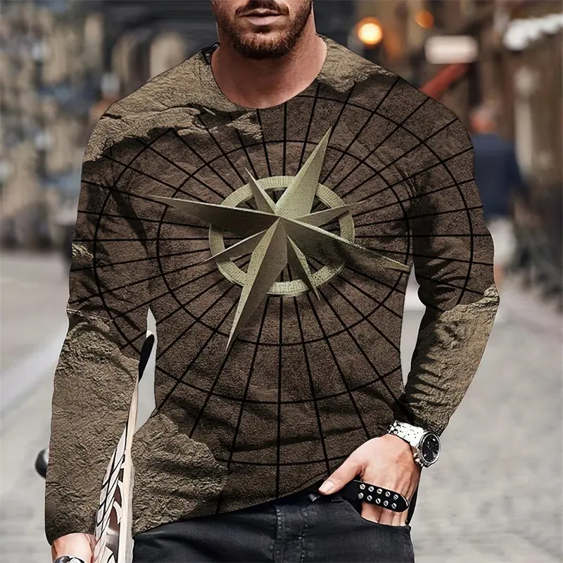 Vintage Men's Long Sleeve T Shirt 3D Print Cross Compass Pattern Clothing Nautical Map Print Street Harajuku Oversized Tee Top