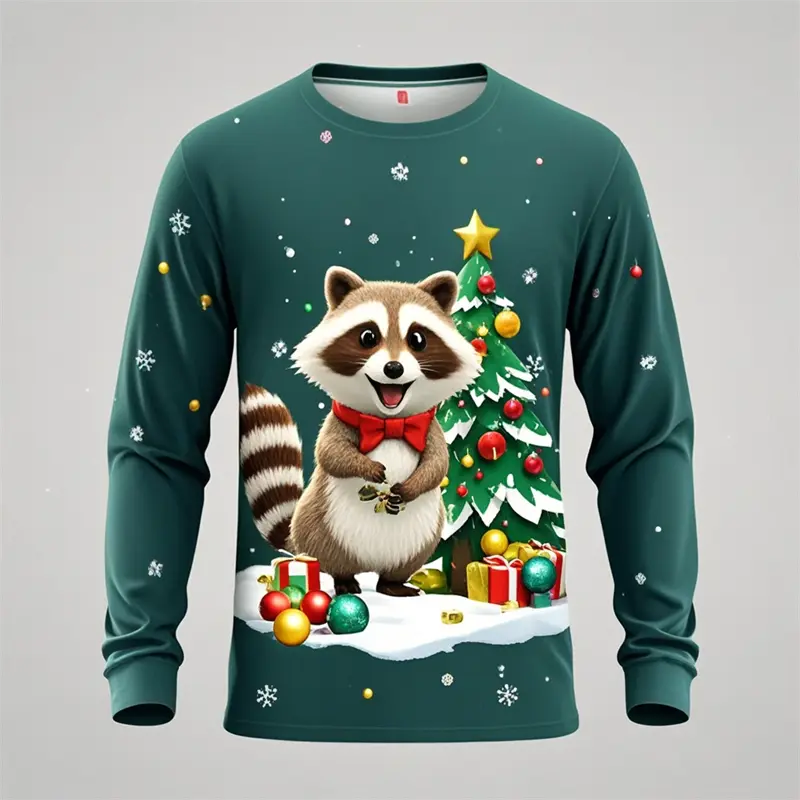 Christmas T Shirt Men 3D Panda Raccoon Print Long Sleeve For Men Fashion Christmas Harajuku Y2K Long Sleeve T-shirt Tops Clothes