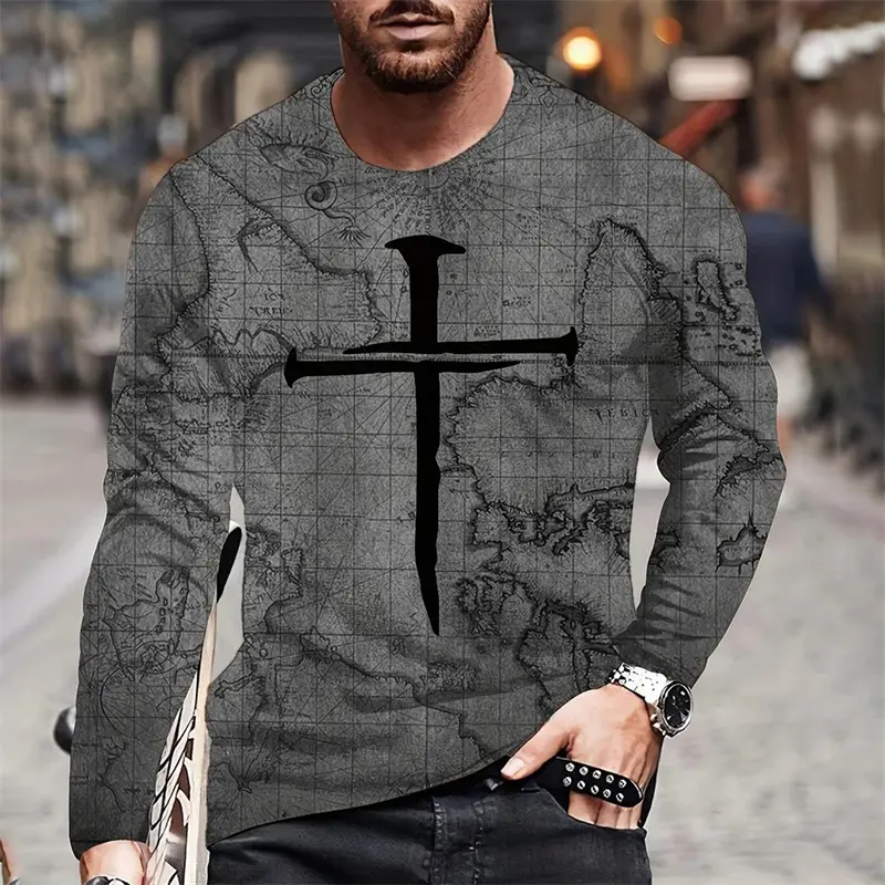 Vintage Men's Long Sleeve T Shirt 3D Print Cross Compass Pattern Clothing Nautical Map Print Street Harajuku Oversized Tee Top