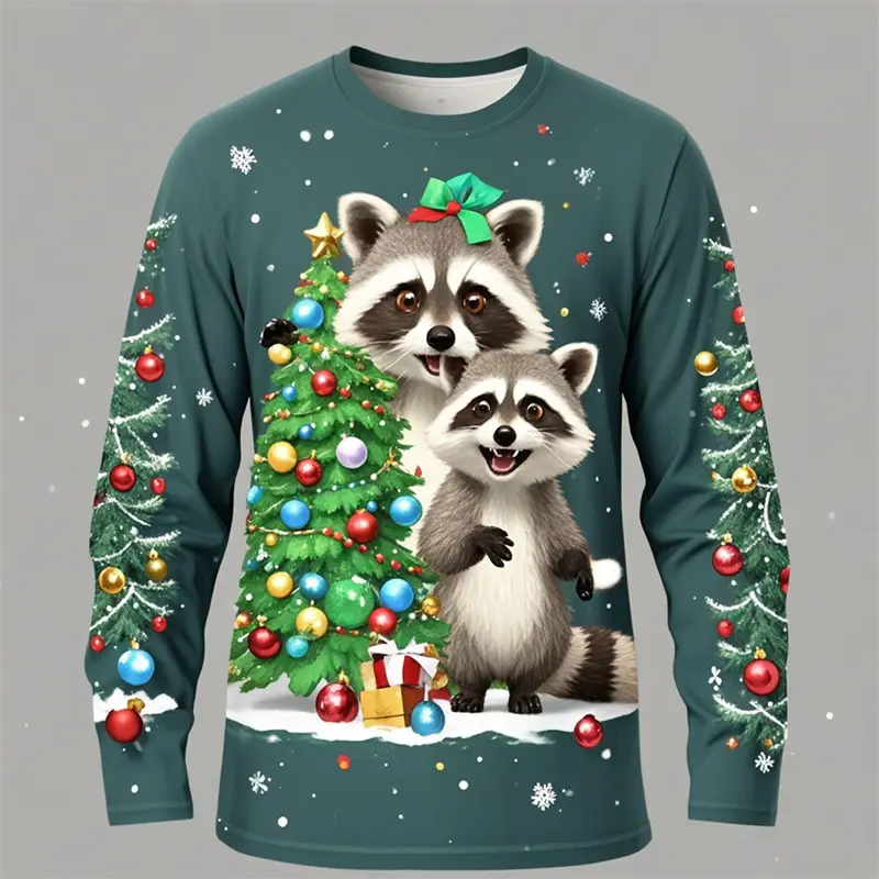 Christmas T Shirt Men 3D Panda Raccoon Print Long Sleeve For Men Fashion Christmas Harajuku Y2K Long Sleeve T-shirt Tops Clothes