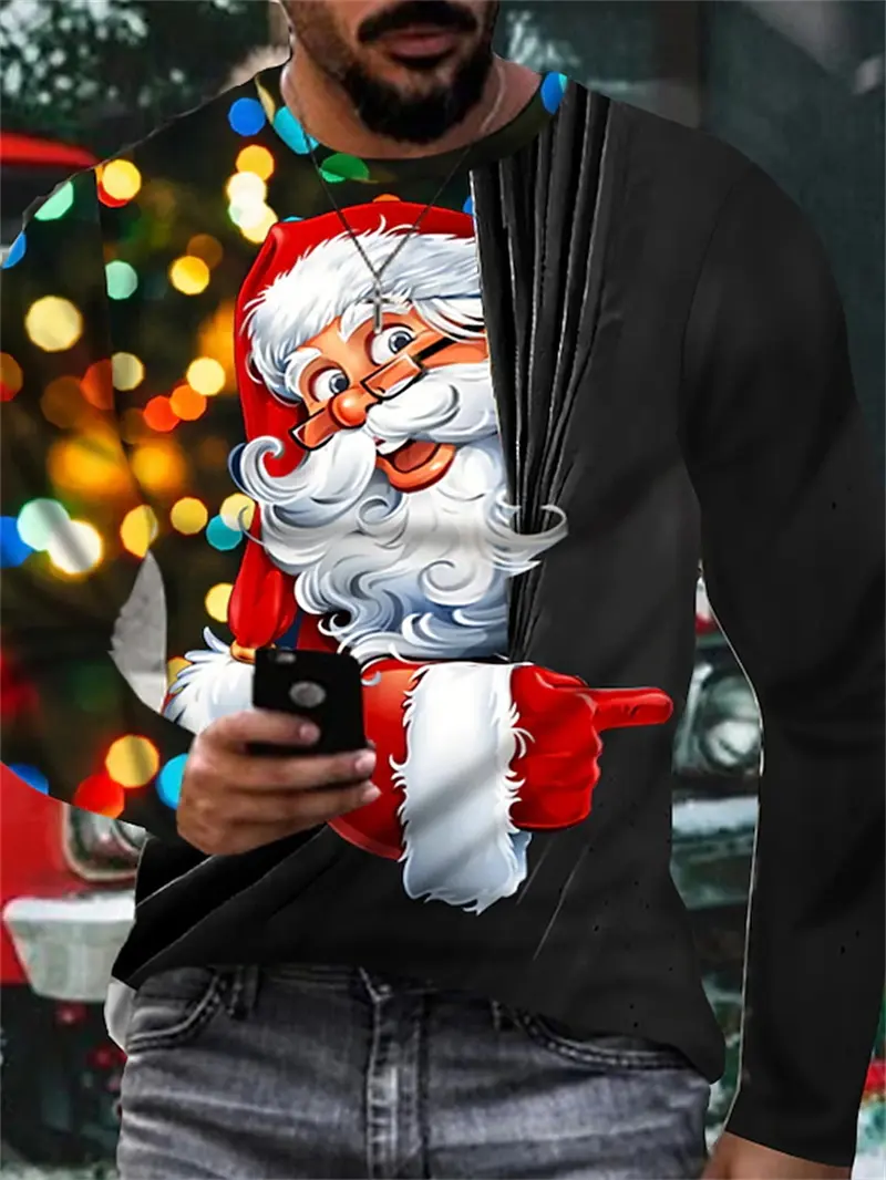 3D Santa Claus Print Long Sleeve T-shirt Fashion Rock Music Christmas Men's T-Shirts Funny Casual O-neck Loose Fall Men Clothing