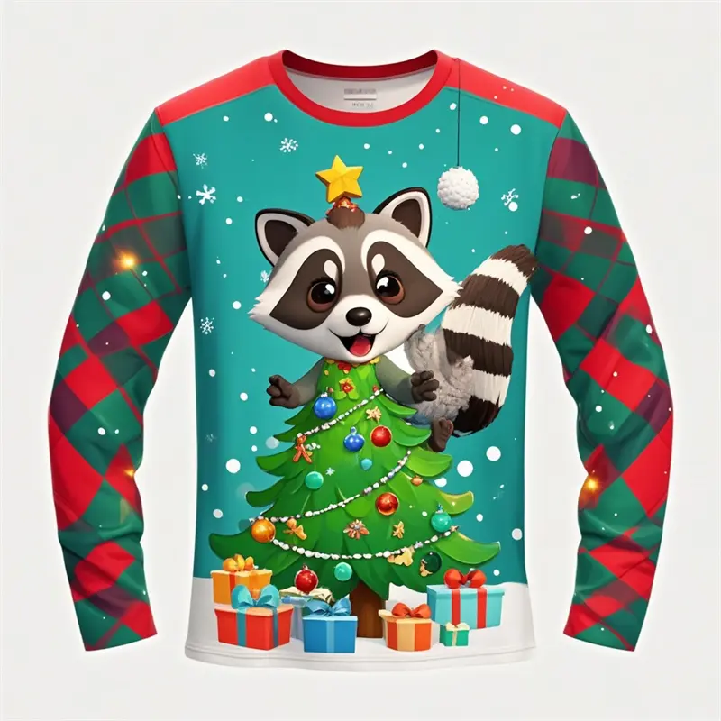Christmas T Shirt Men 3D Panda Raccoon Print Long Sleeve For Men Fashion Christmas Harajuku Y2K Long Sleeve T-shirt Tops Clothes