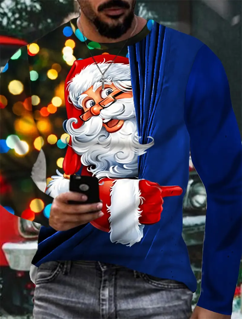 3D Santa Claus Print Long Sleeve T-shirt Fashion Rock Music Christmas Men's T-Shirts Funny Casual O-neck Loose Fall Men Clothing