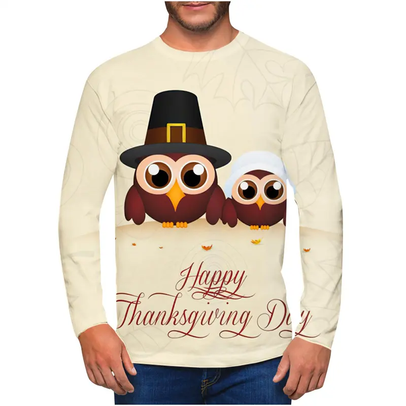 New Thanksgiving Men Long Sleeve T Shirt Cute 3d Print Turkey Tee Shirt Thanksgiving Day Graphic Crew Neck Shirt Mens Clothing
