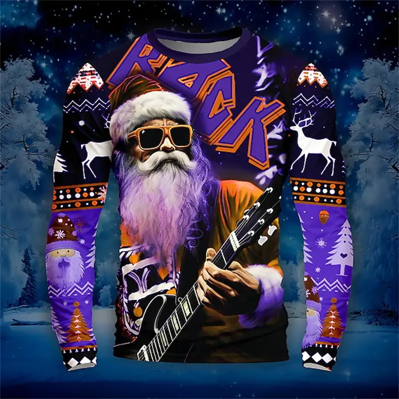 3D Santa Claus Print Long Sleeve T-shirt Fashion Rock Music Christmas Men's T-Shirts Funny Casual O-neck Loose Fall Men Clothing