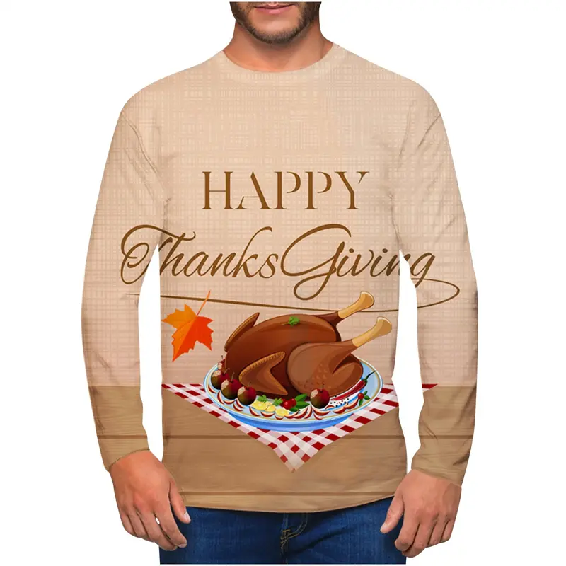 New Thanksgiving Men Long Sleeve T Shirt Cute 3d Print Turkey Tee Shirt Thanksgiving Day Graphic Crew Neck Shirt Mens Clothing