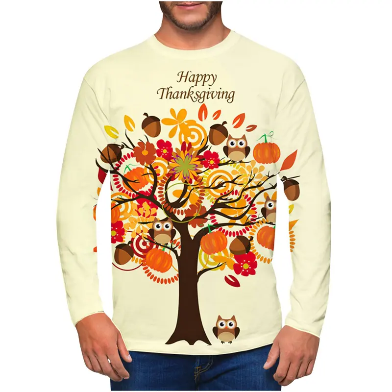 New Thanksgiving Men Long Sleeve T Shirt Cute 3d Print Turkey Tee Shirt Thanksgiving Day Graphic Crew Neck Shirt Mens Clothing