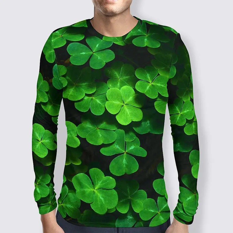 Lucky Grass Clovers 3D Graphic Tee Shirt Funny Pattern Designer Tshirt Men Autumn Fashion Casual Round Neck Long Sleeves Tee