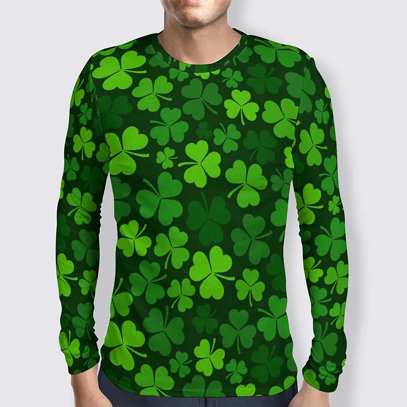 Lucky Grass Clovers 3D Graphic Tee Shirt Funny Pattern Designer Tshirt Men Autumn Fashion Casual Round Neck Long Sleeves Tee
