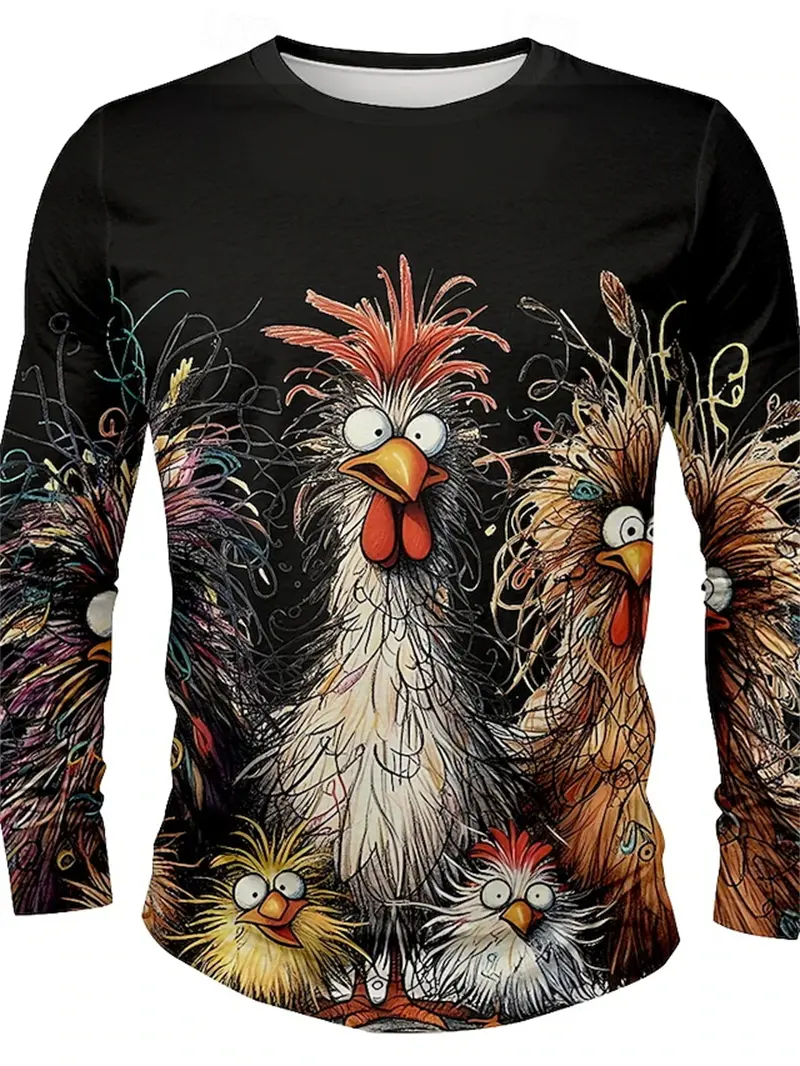 Autumn New Fashion Crewneck Long Sleeve Top Men's  Cartoon Funny Chicken Graphic Print Tee Outdoor Casual Loose Men's Clothes