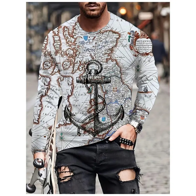 Retro 3d Print Anchor Graphic Men's Long Sleeve T Shirts Autumn Fashion Y2K Long Sleeve Men Unisex Streetwear Tee Top Clothes