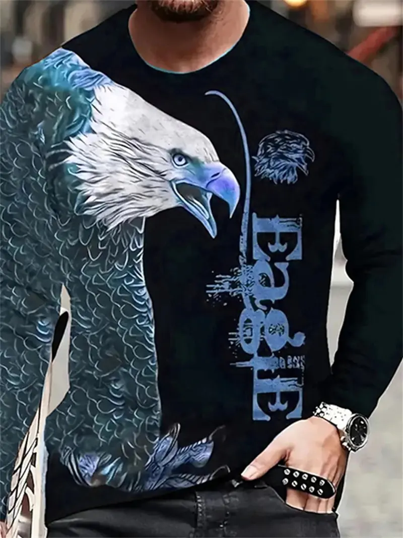 Men's T Shirts Vintage Animal Eagle 3d Printed Casual Pop Long Sleeve Tee Shirt Fashion Streetwear O Neck Oversized Men Clothing