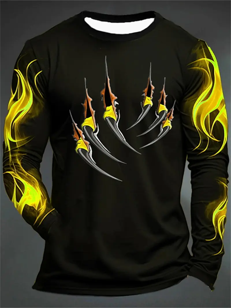 Y2k Clothes Flame Claw Graphic T Shirts Fashion Casual Men 3D Printed Sports Outdoor Long Sleeve Round Neck Shirt Fall Clothing