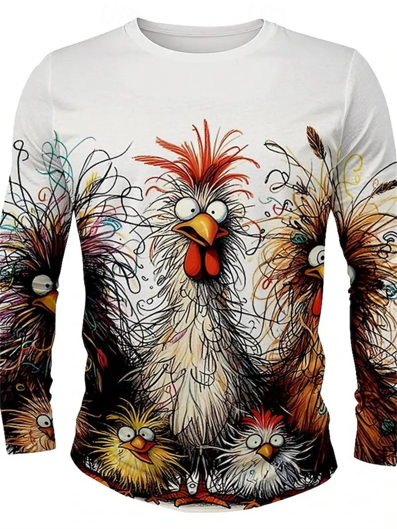 Autumn New Fashion Crewneck Long Sleeve Top Men's  Cartoon Funny Chicken Graphic Print Tee Outdoor Casual Loose Men's Clothes