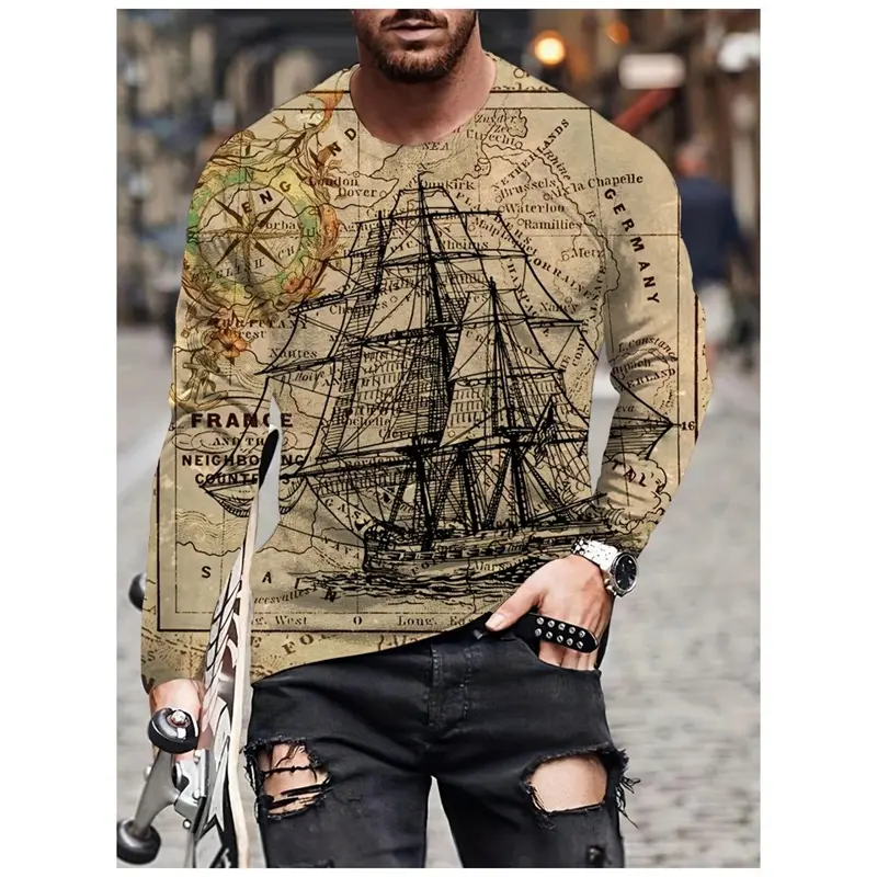 Retro 3d Print Anchor Graphic Men's Long Sleeve T Shirts Autumn Fashion Y2K Long Sleeve Men Unisex Streetwear Tee Top Clothes