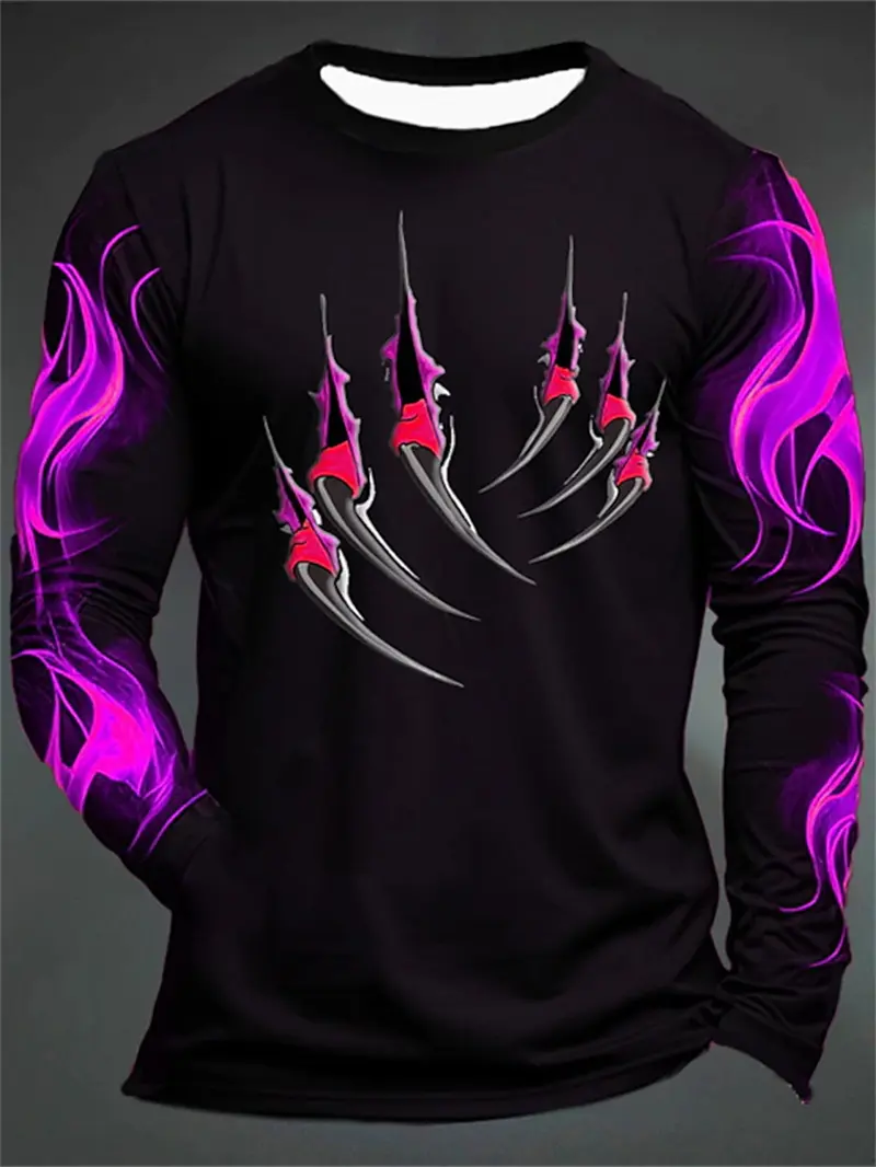 Y2k Clothes Flame Claw Graphic T Shirts Fashion Casual Men 3D Printed Sports Outdoor Long Sleeve Round Neck Shirt Fall Clothing