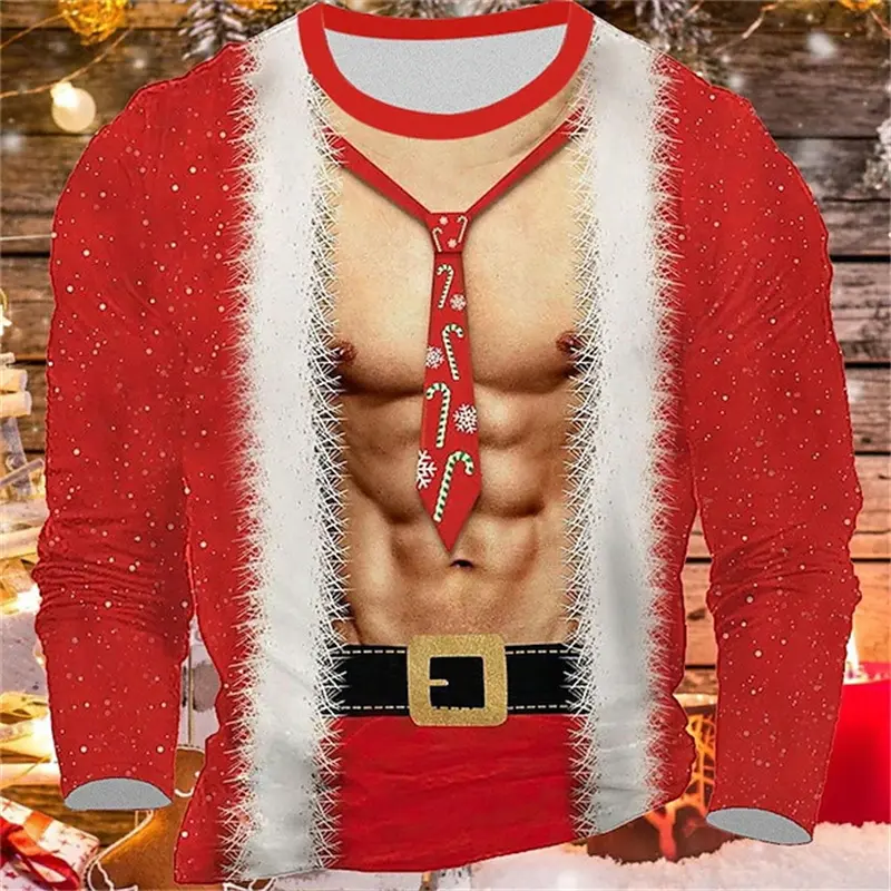 Fake Muscle Graphic Printed T Shirt Funny Christmas Long Sleeve  Shirt For Men Fashion Casual O Neck Oversize Party Hip Hop Tops