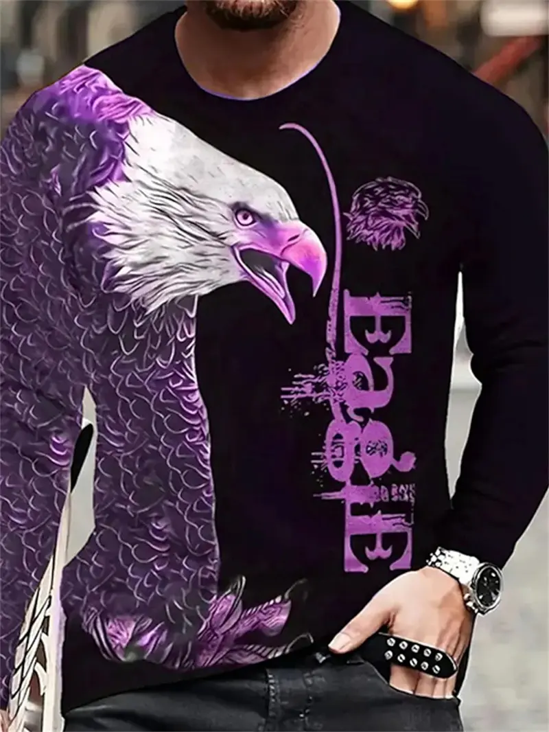 Men's T Shirts Vintage Animal Eagle 3d Printed Casual Pop Long Sleeve Tee Shirt Fashion Streetwear O Neck Oversized Men Clothing