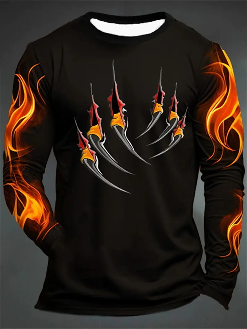 Y2k Clothes Flame Claw Graphic T Shirts Fashion Casual Men 3D Printed Sports Outdoor Long Sleeve Round Neck Shirt Fall Clothing