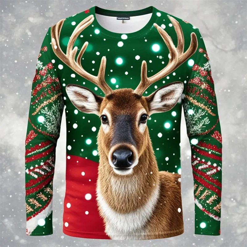 New Christmas Deer Pattern Men Fall Fashion T-Shirts Long Sleeve 3D Printed Street Trend Tee Plus Size Casual Top Mens Clothing