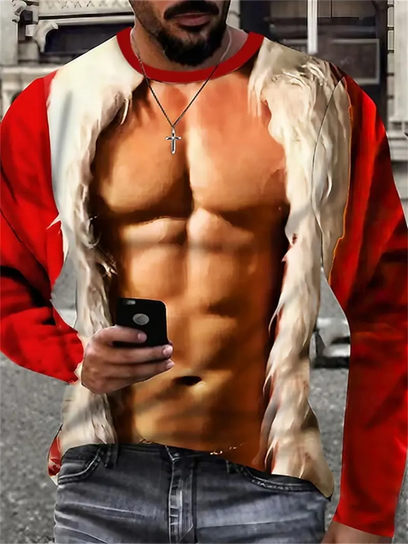 Fake Muscle Graphic Printed T Shirt Funny Christmas Long Sleeve  Shirt For Men Fashion Casual O Neck Oversize Party Hip Hop Tops