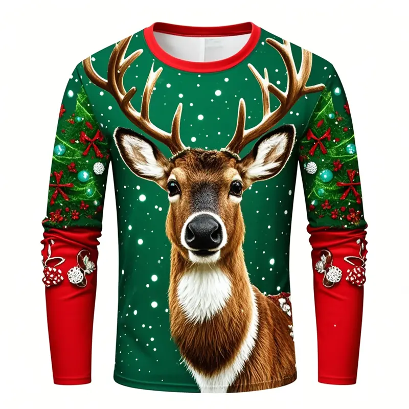 New Christmas Deer Pattern Men Fall Fashion T-Shirts Long Sleeve 3D Printed Street Trend Tee Plus Size Casual Top Mens Clothing