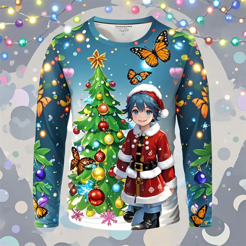 Christmas Y2k Long Sleeve T-shirts Men Kids Clothes Fall Fashion Long Sleeve 3D Xmas Snowman Printed T-shirt Street Hip Hop Tops