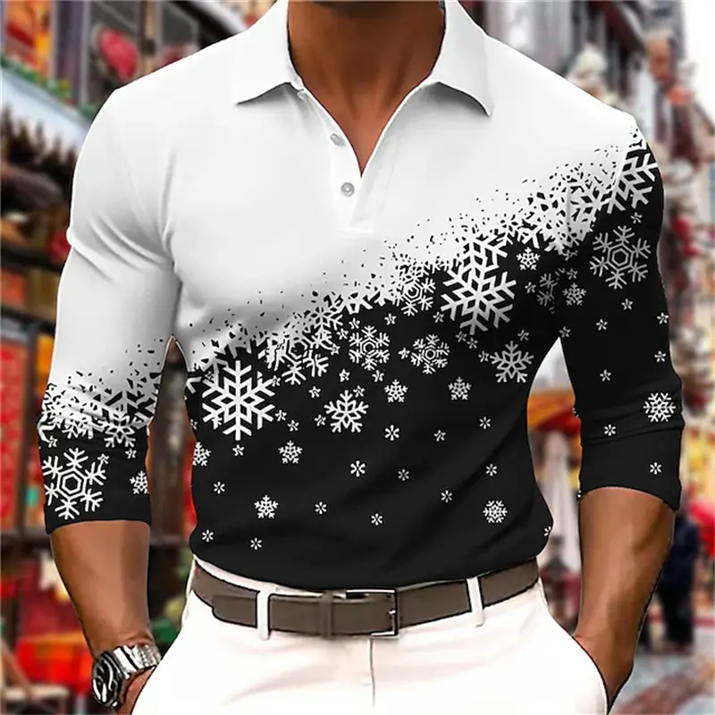 Men's Polo Shirt Golf Shirt Graphic 3D Print Snowflake Graphic Tops Christmas Street Long Sleeve Button Polo Men Clothes Apparel