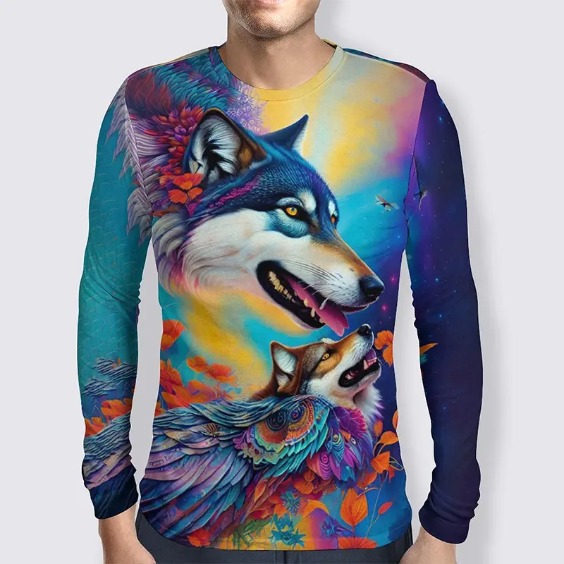 Wolf 3D Graphic T Shirts Men Autumn Fashional Animal Pattern Oversized T Shirt Casual Round Neck Long Sleeves Tees Tops