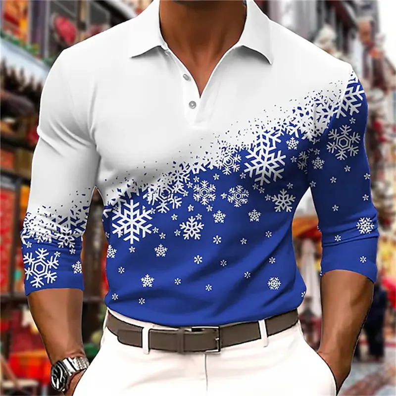 Men's Polo Shirt Golf Shirt Graphic 3D Print Snowflake Graphic Tops Christmas Street Long Sleeve Button Polo Men Clothes Apparel